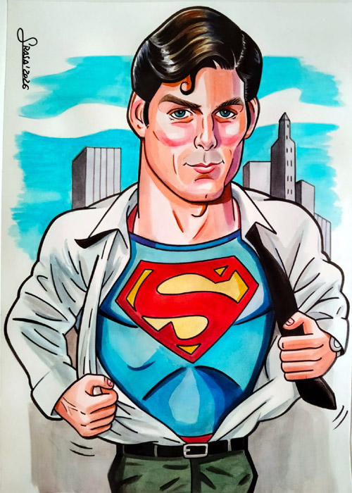 caricaturas-famosos-ilustracion-comic-acuarela-rotulador-christopher-reeve-superman Christopher Reeve en Superman