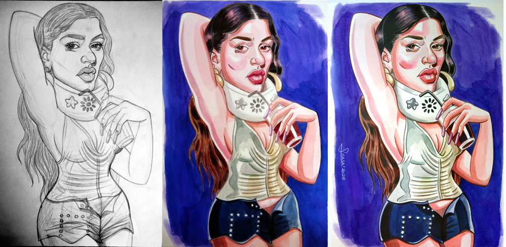 ilustraciones-caricaturas-artesanales-de-famosos-caricatura-acuarela-a3-cantante-rosalia-euphoria-proceso-creacion Proceso de creación caricatura o ilustración