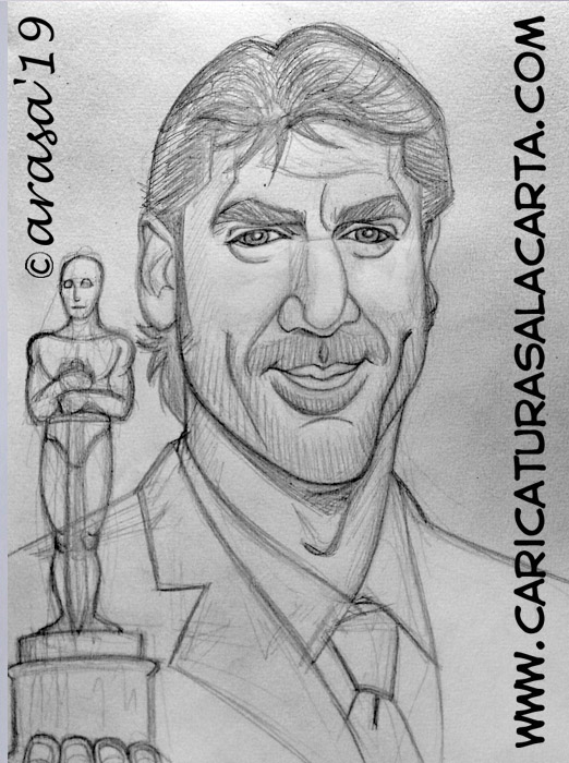 Caricaturas de famosos actores: boceto de Javier Bardem recogiendo el Oscar